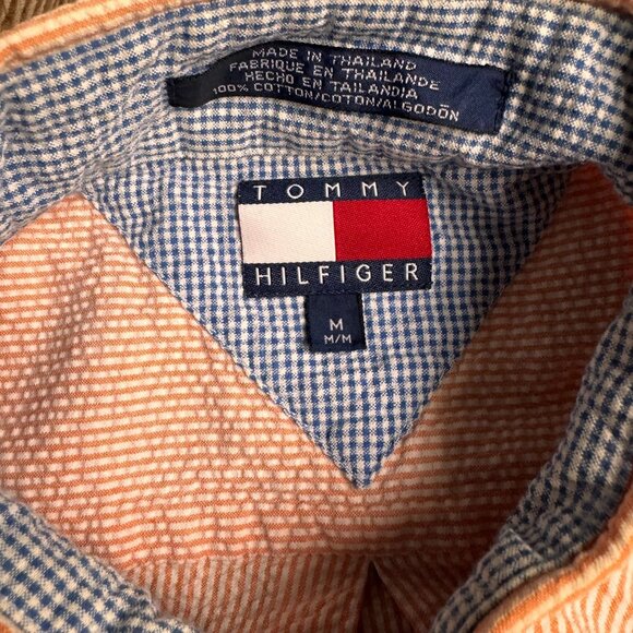 Vtg Tommy Hilfiger Shirt Mens M Orange Seersucker Button Up 90s Long Sleeve Prep - Picture 4 of 7